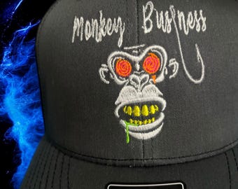 Monkey Business cap, father brother son dad, Monkey with hook, machine embroidered Richardson trucker cap, vintage look, colorful monkey cap