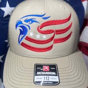 Patriotic Eagle with Flag 112FP baseball Richardson Trucker cap. Red white blue. golf cap patriotic emblem logo America USA cap stars strips