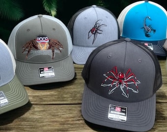 Spider cap, Black Widow, Tarantula, Jumping, Red, 3D Spider, and Scorpion. Classic cap for work or gifting, custom Trucker hat, trucker cap