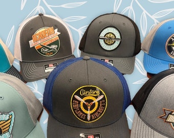 Vintage Aviation Caps, custom trucker hat, embroidered trucker cap, Richardson trucker hat, retro aviation embroidery airplane headwear