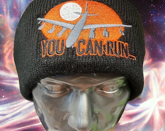 B52 Silhouette Embroidered Beanie - 'You Can Run, But You Can't Hide -Handcrafted Knit Acrylic beanie, Multiple Color BUFF beanie Air Force