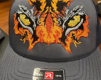 Embroidered Tiger Trucker Hat, Boho Tattoo Design, Richardson 112FP