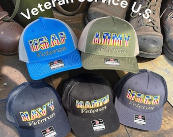 Veteran Hat, Embroidered Military Cap, Richardson 112FP, Army Navy Air Force Marines Coast Guard, American Flag Veteran Gift