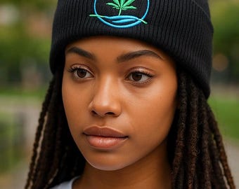 Marijuana logo embroidered beanie 100 percent acrylic wool to display favorite herb proudly on cuffed beanie hat unisex