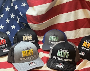 B-52 BUFF 3D Embroidered Mechanics personalized aviation caps, Crew Chiefs, Sheet Metal, Electrician, Avionics, Post Dock, ETC. Enthusiasts!