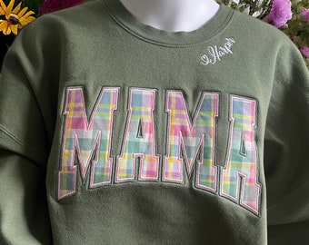 MAMA applique sweatshirt Mother's Day gift for Mom on Birthdays Custom made Gildan Sweatshirts 27 colors embroidery names neckline, sleeve.