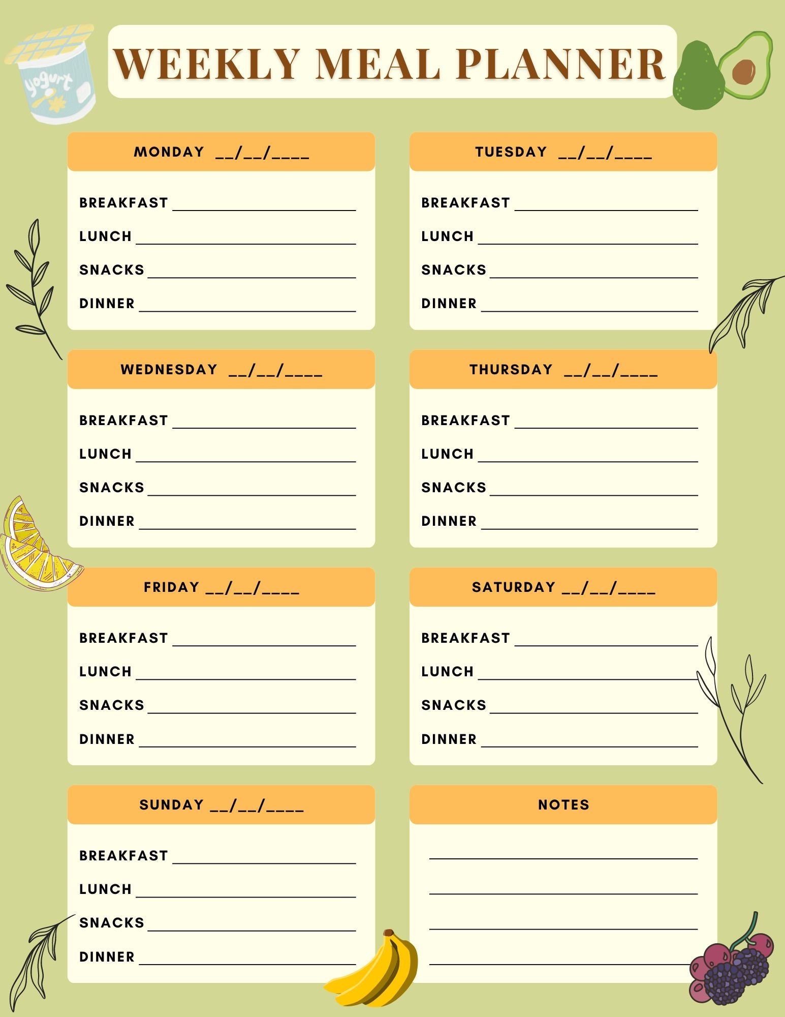 Daily Meal Planner - Printable/downloadable - Etsy