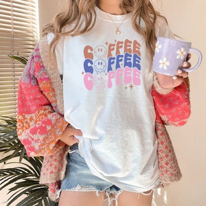 Comfort Colors® Coffee Coffee Coffee Shirt, Coffee Smiley Face T-Shirt, Coffee Addict Tee, Retro Coffee Smile Shirt, Gift for Coffee Lover