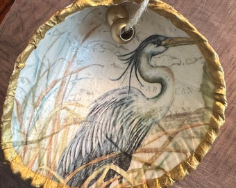 Christmas Ornament - Great Blue Heron. Oyster Shell Ornaments. Blue Heron Christmas Ornament.