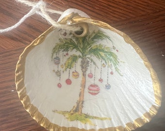 Decoupage Oyster Shell Christmas Ornament, Palm Tree, Gold Trim