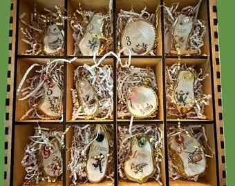 Oyster Shell 12 Days of Christmas Ornaments, Coastal Holiday Decor