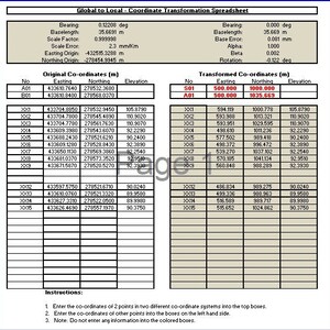 Puede incluir: Una hoja de cálculo con instrucciones para convertir coordenadas de un sistema a otro. La hoja de cálculo incluye columnas para la coordenada este, norte y elevación originales, así como para la coordenada este, norte y elevación transformadas. La hoja de cálculo también incluye una sección para ingresar las coordenadas de dos puntos en dos sistemas de coordenadas diferentes.