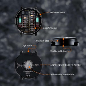 K&ouml;nnte beinhalten: Eine Niwa Max Uhr mit 49mm Durchmesser, Saphirglas und einem 12,5mm dicken Titangeh&auml;use. Die Uhr verf&uuml;gt &uuml;ber 22mm Bandanst&ouml;&szlig;e, eine Einlage aus Muonionalusta-Meteorit und eine Gravur mit einer pers&ouml;nlichen Nummer.