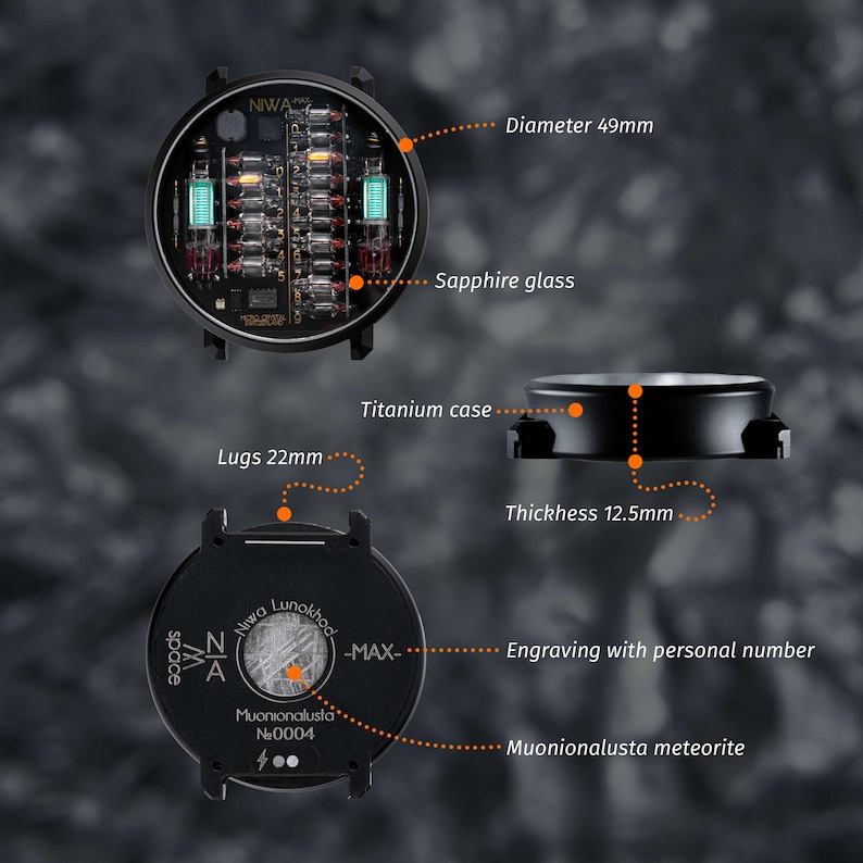 K&ouml;nnte beinhalten: Eine Niwa Max Uhr mit 49mm Durchmesser, Saphirglas und einem 12,5mm dicken Titangeh&auml;use. Die Uhr verf&uuml;gt &uuml;ber 22mm Bandanst&ouml;&szlig;e, eine Einlage aus Muonionalusta-Meteorit und eine Gravur mit einer pers&ouml;nlichen Nummer.