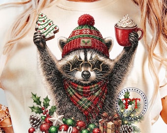 Merry Raccoon PNG, Feral Christmas, Hot Cocoa, Snack Cake, Holiday Shirt Design, Funny Raccoon