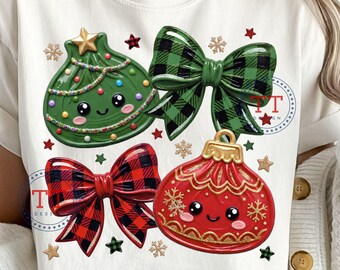 Christmas Dumpling PNG, Gingham Check Coquette Bow, Trendy Kawaii T-shirt design, Thick Brushstroke Impasto Paint, Ornament, Tree
