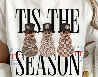 Retro Patchwork Snowmen PNG, Checkered Camo Leopard Pattern, Merry Tis The Season, Winter Christmas Design