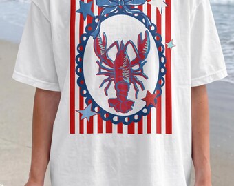 Striped Coastal Lobster png, Whimsical Preppy Scalloped Frame Design, Summer Beach Grandmillenial Nautical Shirt