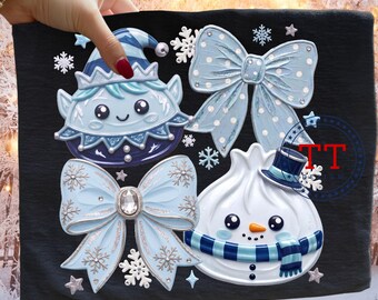 Coquette Winter Dumplings PNG, Snowflake Coquette Bows, Jack Frost Snowman Trendy Impasto Paint, Polka Dots (Digital Download)