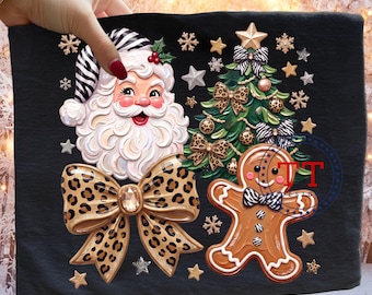 Santa PNG, Zebra Leopard Print Design, Animal Print Coquette Bow, Thick Impasto Brushstroke Vintage Design,  Acrylic Paint, Gingerbread Man