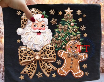 Leopard Santa PNG, Leopard Coquette Bow, Thick Impasto Paint Brushstroke Vintage Design,  Acrylic Paint Animal Print, Gingerbread Man