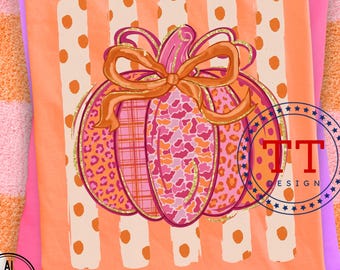 Herbstliches Kürbis-PNG im Preppy-Stil, verspieltes florales Herbstdesign, gestreifter Kürbis im Camouflage-Gingham-Muster (PNG), Grandmillennial-Punktestreifen, Leopardenmuster