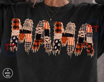 Halloween Mama PNG: Faux Patchwork Varsity Font, Cottagecore Athletic Floral Leopard, Embroidery Plaid Check Print (Digital Download)