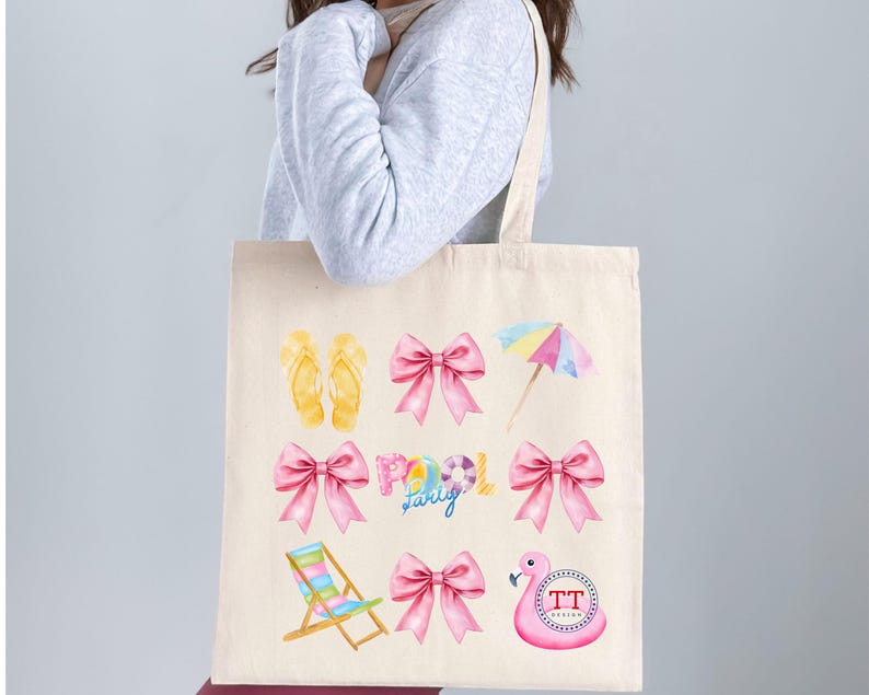 May include: A white tote bag with a pink flamingo, a beach chair, a beach umbrella, flip flops, and pink bows. The text "Pool Party" is printed on the bag.