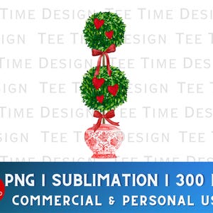 Valentine Boxwood Chinoiserie Topiary Watercolor Coquette Red Bow Hearts Grandmillenial Preppy Ginger Jar PNG Clipart Digital Download