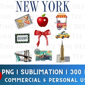 Op de afbeelding: Een set digitale illustraties van New York City-iconen. De set bevat een rode appel met een hart, een gele taxi, een hotdogkraam, een rode strik, een Broadway-bord, een brug, een vintage ansichtkaart en een wolkenkrabber.