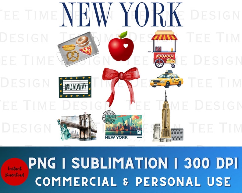 Op de afbeelding: Een set digitale illustraties van New York City-iconen. De set bevat een rode appel met een hart, een gele taxi, een hotdogkraam, een rode strik, een Broadway-bord, een brug, een vintage ansichtkaart en een wolkenkrabber.