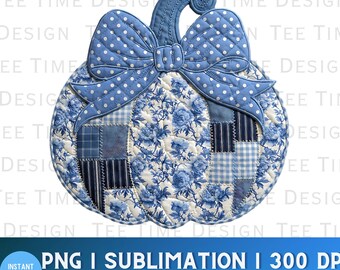 Chinoiserie-Imitat, gesteppter blauer Toile-Kürbis (PNG), kokette Schleife mit Schweizer Punktmuster, Grandmillenial Herbst-Design für Mädchen, Herbstliche Ästhetik