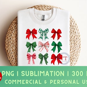 May include: A white sweatshirt with a design of nine red, green, and white bows. The bows are arranged in three rows of three. The design is perfect for the holiday season.