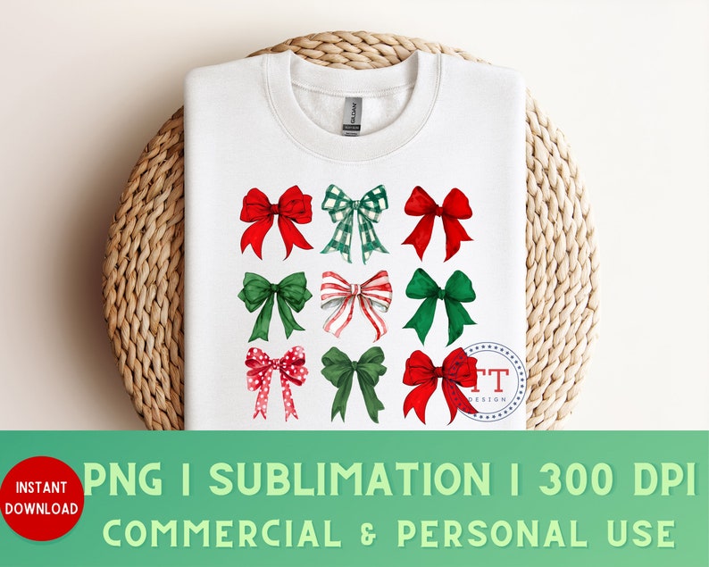 May include: A white sweatshirt with a design of nine red, green, and white bows. The bows are arranged in three rows of three. The design is perfect for the holiday season.