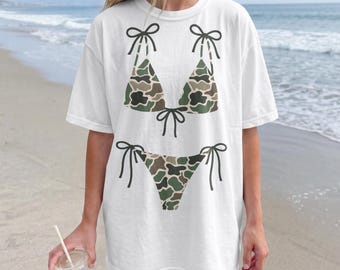 Camo Bikini PNG, Hunting Swimsuit Design, Coquette Camouflage Beach Shirt, Coastal Preppy Design