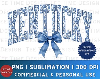 Kentucky blauwe chinoiserie coquette strik png, varsity KY sublimatie, preppy college state design trendy T-shirt png, blauwe bloemen toile