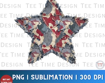 Vintage Camo Patchwork Star PNG, Set of 2 Faux Embroider USA Patriotic Design, 4th of July Camouflage Graphic Cottagecore