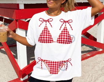 Red Gingham Check Bikini PNG, Preppy Faux Fabric Swimsuit Design, Coquette Grandmillennial Beach Shirt