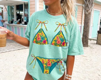 Faux Fabric Tropical Bikini PNG, Floral Ruffle Swimsuit Design, Coquette Beach Shirt, Coastal Preppy Design