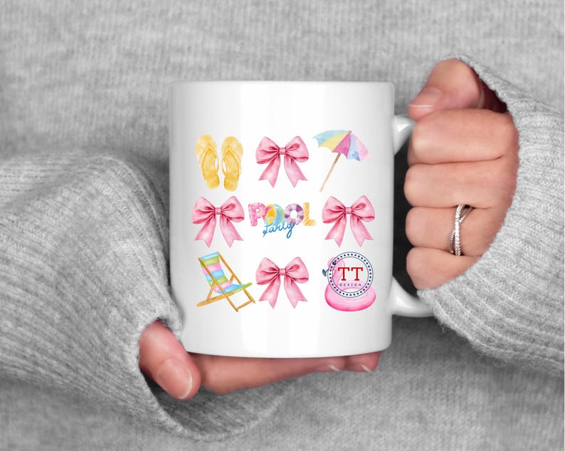 May include: White ceramic mug with a pink, blue, and yellow watercolor design. The design includes flip flops, a beach chair, a pool float, an umbrella, and the words "Pool Party".