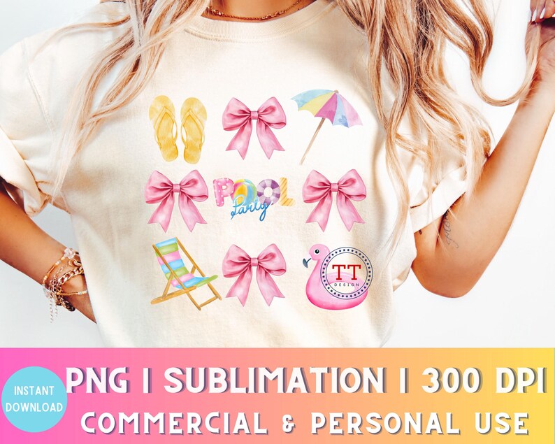 May include: A white t-shirt with a pink and yellow summer themed design. The design includes flip flops, bows, a pool float, a flamingo, a beach chair, and the text "Pool Party".