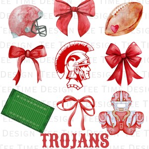 May include: Watercolor clipart set featuring a football helmet, football, a Spartan helmet, a football field, a bow, and a football player. The set is in red and white with the word "Trojans" in red.
