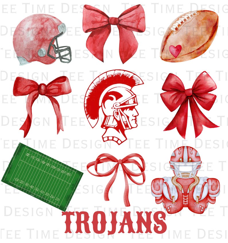May include: Watercolor clipart set featuring a football helmet, football, a Spartan helmet, a football field, a bow, and a football player. The set is in red and white with the word "Trojans" in red.