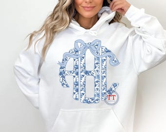 Custom Coquette Blue and White Chinoiserie Scalloped Monogram PNG Preppy Toile De Jouy Grandmillenial Bow Personalized Trendy Girly DTF png