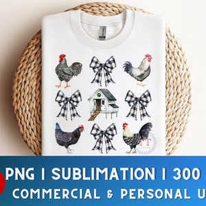 May include: A white sublimation design featuring a farmhouse style chicken coop, two roosters, two hens, and four black and white gingham bows. The design is perfect for creating custom apparel, home decor, and other crafts.