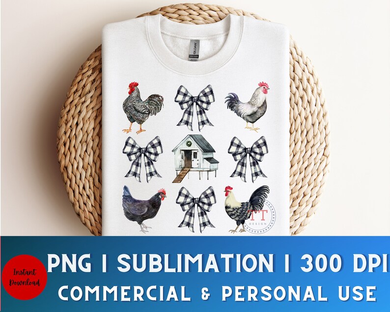 May include: A white sublimation design featuring a farmhouse style chicken coop, two roosters, two hens, and four black and white gingham bows. The design is perfect for creating custom apparel, home decor, and other crafts.