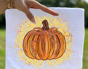 Bright Preppy Pumpkin png, Paint Splatter Design, Brushstroke Gold Glitter Coquette Bow PNG, Fall Girly Design, Autumn Aesthetic
