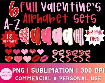 Alfabeto PNG de San Valentín, paquete de fuentes con letras de burbujas preppy de la A a la Z, lazo coqueto, alfabeto de corazones de cuadros vichy, clipart retro de moda