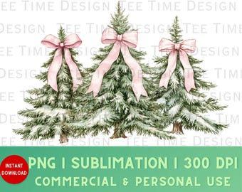 Preppy Coquette Watercolor Christmas Trees with Pink Bows png, Pink Christmas Sublimation Design Aesthetic Trendy Christmas Girls Design