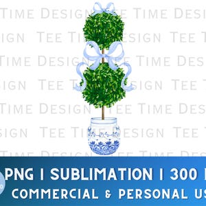 Boxwood Chinoiserie Topiary Watercolor Coquette Pastel Blue Bow Grandmillenial Preppy Ginger Jar PNG Clipart Spring Digital Download